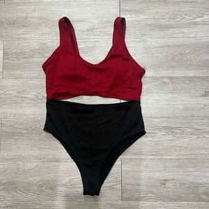 One Piece cheeky Swimsuit two tone red and black size large